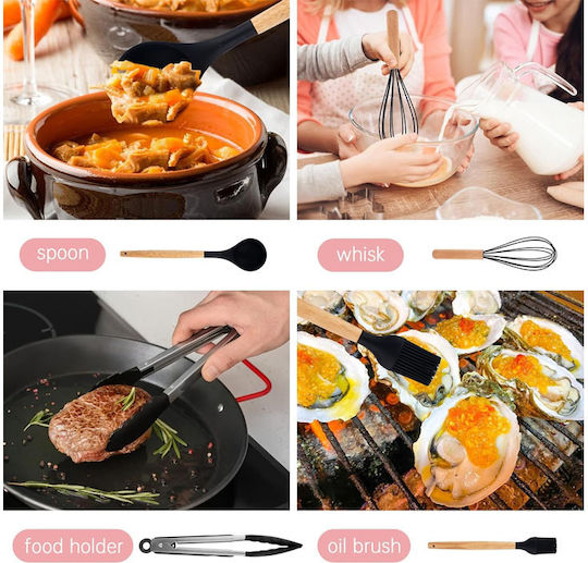 Silicone Cooking Utensil Set with Base Black 12pcs