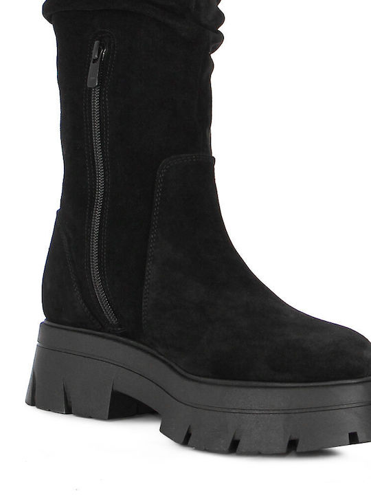 Leder Damenstiefel mit mittlerem Absatz Schwarz