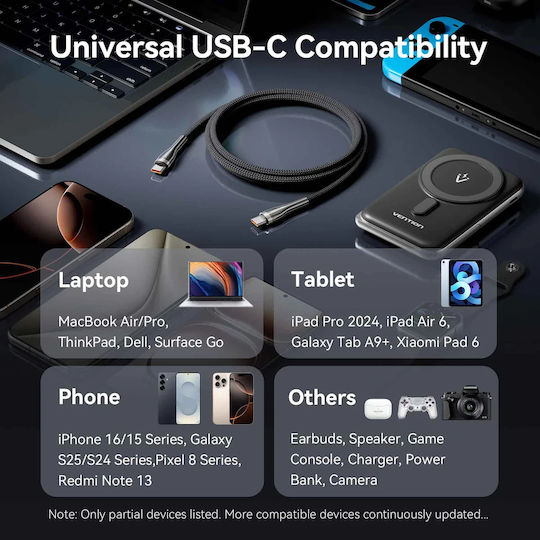 Vention Vention USB 2.0 Cable USB-C Male - USB-C 240W PD Black 1.2m