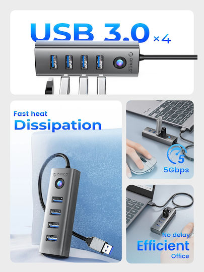 Orico Hub 4 Θυρών USB 3.0 με σύνδεση USB-A Γκρι