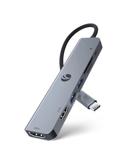 VCom 7-in-1 USB-C Докинг станция с HDMI 4K PD и свързване 2 монитора Сив