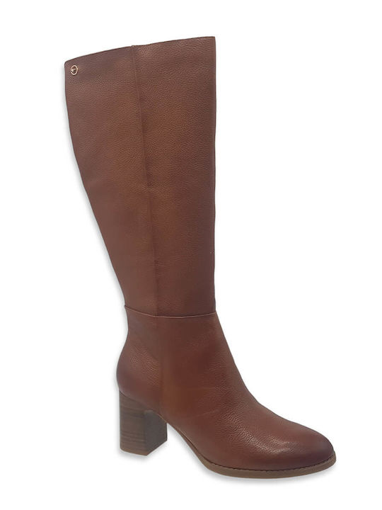 Leder Damenstiefel mit mittlerem Absatz Tabac Braun