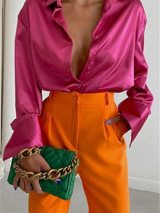 Дълъг ръкав Женска Сатен Риза Bright Pink