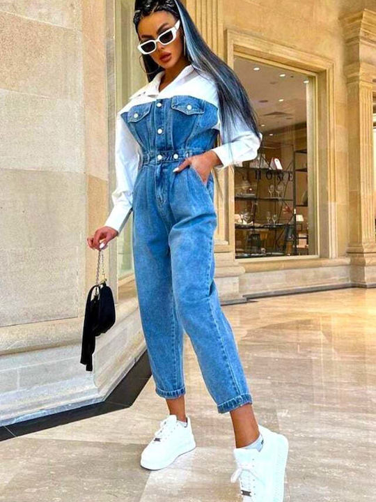 Damen Denim Einteiler Anzug Blue/white