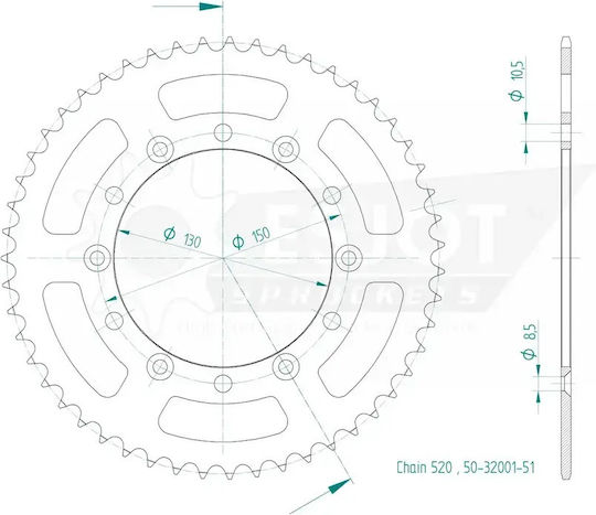 Esjot Rear Sprocket Steel 520 Black 51 Teeth 50-32001-51