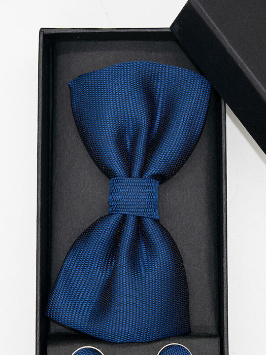 Set 3 Elegant Pieces Men Bow Tie Cufflinks Fabric Pocket Square Blue Eg013