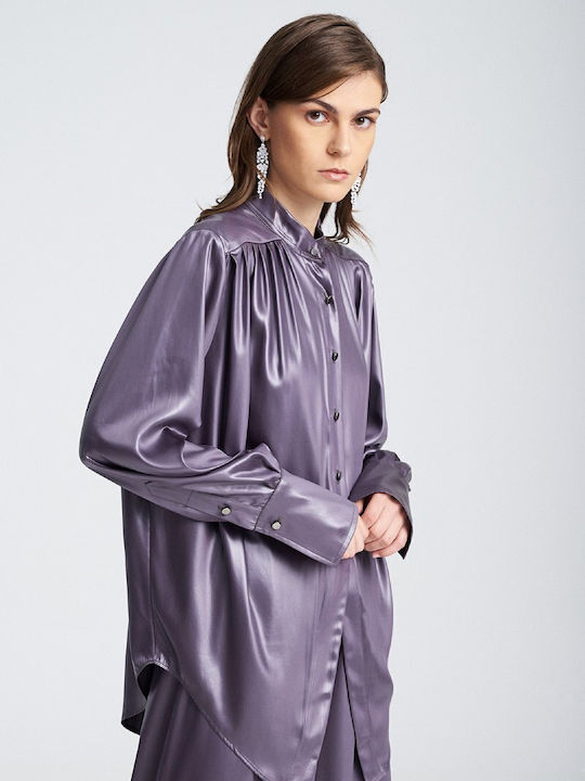 Women's Satin Long Sleeve Shirt Grey/silver