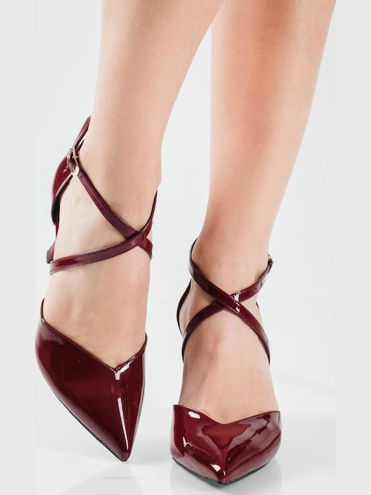 Patent Leather Pointed Toe Burgundy Heels with Strap