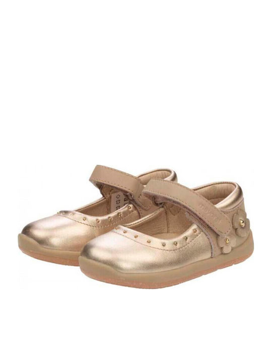 Kids Leather Ballerinas with Hoop & Loop Closure Gold
