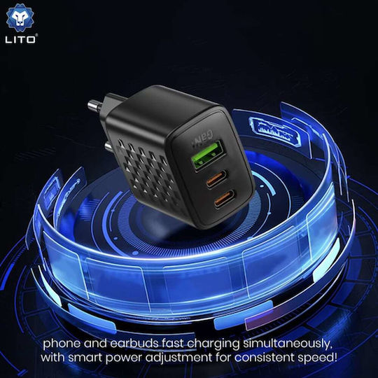 Lito Charger Without Cable GaN with USB-A Port and 2 USB-C Ports 65W Power Delivery Blacks (LC25)