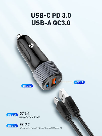 Ldnio C510Q Car Charger 38W 3A with Ports 1xUSB-A 1xType-C with mini-USB Cable Black Color