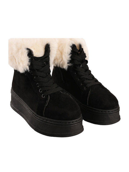 Suede Women's Ankle Boots with Fur Black