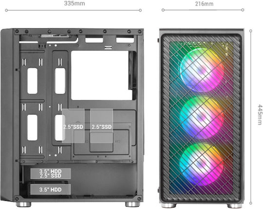Mars Gaming MC-F Gaming Midi-Turm Computergehäuse mit RGB-Beleuchtung Schwarz