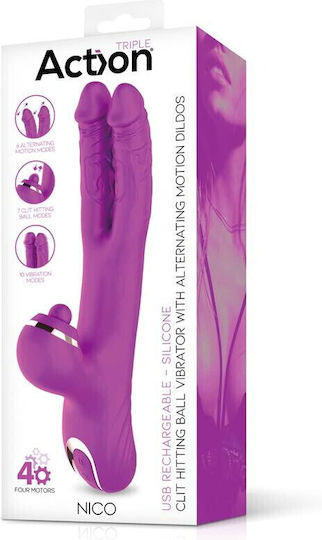 Action Vibe with Clit Hitting Ball and Alternating Dildos Διπλός Δονητής 22.6cm Μωβ