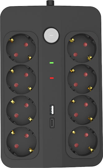 Powertech Steckdosenleiste mit Überspannungsschutz 8 Positionen mit USB-A, USB-C, Schalter und Kabel 1.5m