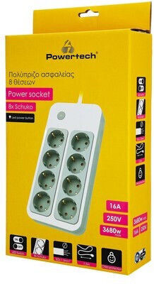 Powertech Steckdosenleiste mit Überspannungsschutz 8 Positionen mit Schalter und Kabel 1.5m