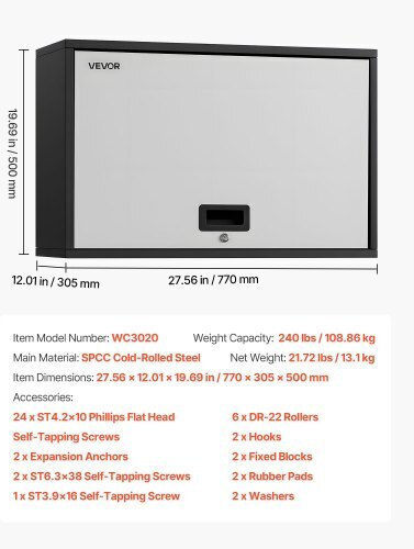 Metal Wall Cabinet Vevor 77w X 30.5l X 50h Cm Floating Tool Cabinet Garage Folding Door Shelf Load Capacity 108.9 Kg Suitable for Garage Basement Kitchen Storage Assembly Required
