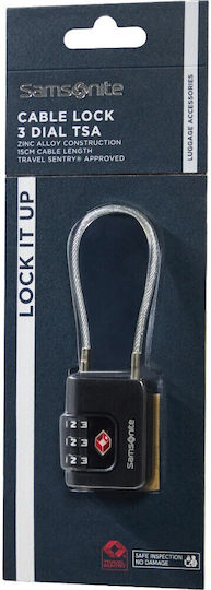 Samsonite Cablelock 3 Dial Steel Padlock with Cable Combination with TSA Certification 35mm Black 1pcs