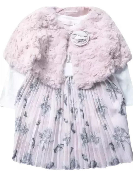 Mädchenkleid Langärmeliges Tüll Blumen Set aus 2 mit Mantel und Zubehör Rosa