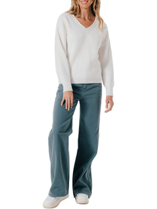 Women's Sweater with V Neckline White