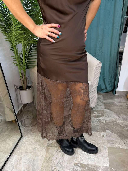 Summer Midi Evening Satin Dress with Lace Brown
