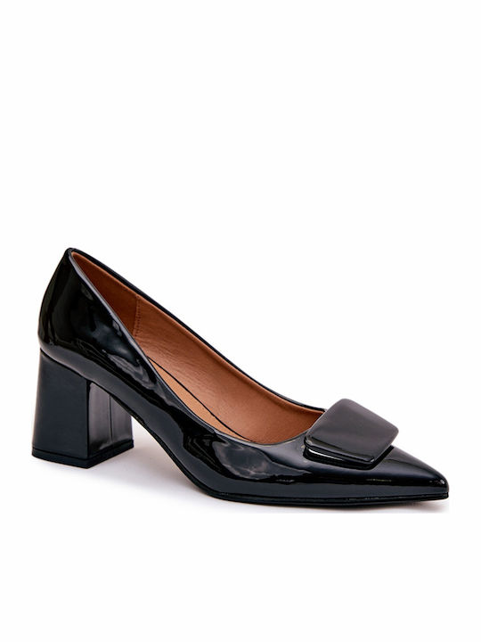 Patent Leather Pointed Toe Black Medium Heels