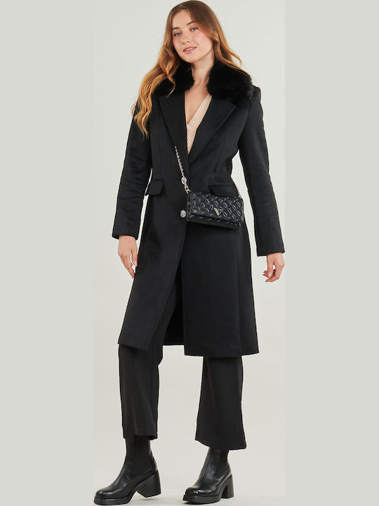 Women's Black Coat with Fur Details