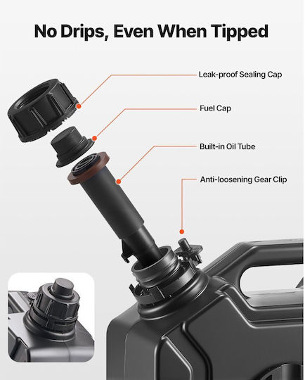 Vevor Fuel Can 5 Liters Gasoline Can Lockable Spout Arm Maximum Flow 15 Liters Per Minute Safe Leakproof Portable Flat Liquid Container For Cars Motorcycles ATV UTV Black
