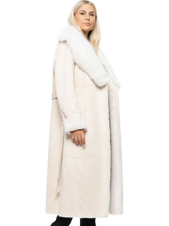 Damen Lt Beige Mantel mit Fellbesatz