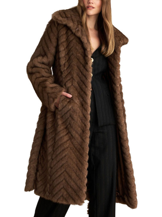 Damen Brown Mantel mit Fellbesatz