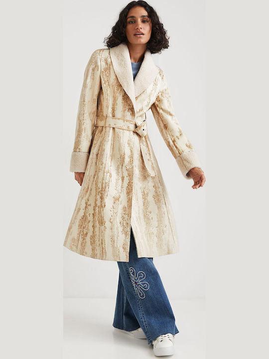 Abrig Marvelous Women's Beige Coat with Fur Details