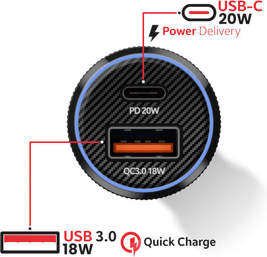 Swissten 20W USB-C USB-A QC 3.0 18W Car Charger 60W USB-C Cable Black