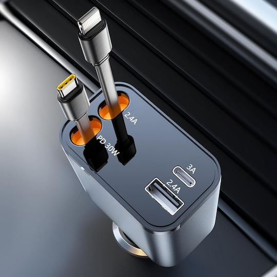 Încărcător Auto 69w – Cablu Retractabil Usb-c Lightning Skyddar Innovation Usb 2.4a Pd30w Rotire 180° Nanovoltx C1 Set Sticker Gri