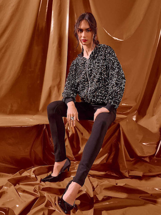 Celestino Γυναικεία Ζακέτα Bomber Βελούδινη Παγιέτες Loose Fit Ασημί