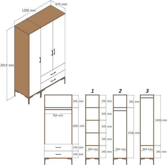 Kleiderschrank Drei Türen Pt Lidya Beige 120x47x201cm