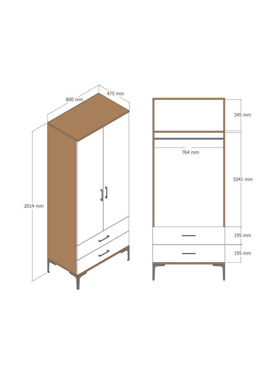 Ντουλάπα Δύο Πόρτες T Lidya Ανθρακί 80x47x201cm