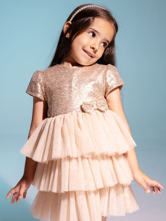Rochie pentru Copii Mâneca scurta cu Paiete Gold-beige