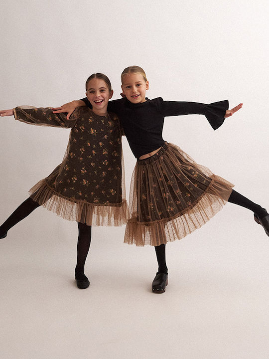 Children's Dress Long Sleeve Tulle Floral Black, Camel