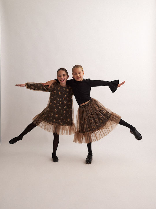 Children's Dress Long Sleeve Tulle Floral Black, Camel