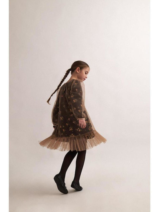 Children's Dress Long Sleeve Tulle Floral Black, Camel
