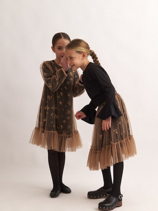 Children's Dress Long Sleeve Tulle Floral Black, Camel