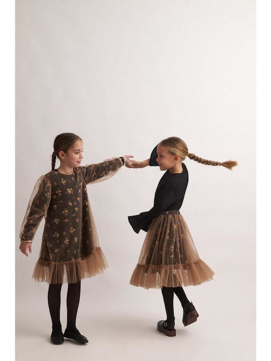 Children's Dress Long Sleeve Tulle Floral Black, Camel