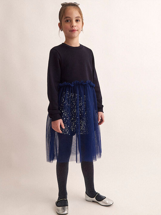 Girls Dress Long Sleeve Tulle Set with Top Navy Blue