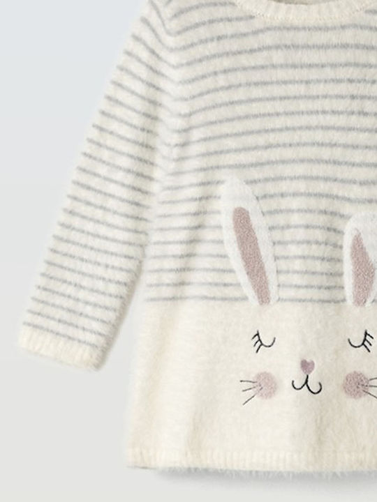 Mädchenkleid Langärmelig Gestrickt Gestreift Kinderbekleidungssets mit Zubehör Ecru