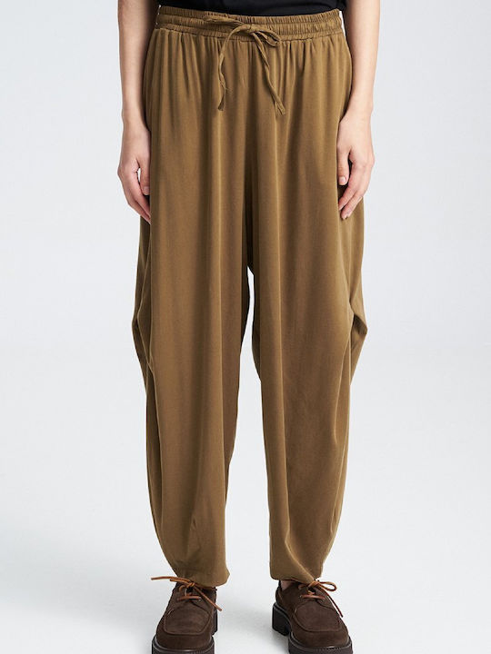 Damen Hoch tailliert Leinen Hose in Entspannter Passform Olive