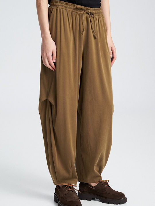 Damen Hoch tailliert Leinen Hose in Entspannter Passform Olive