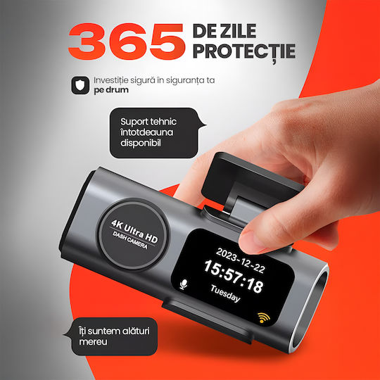 Camera DVR Auto 4K Față Spate Wi-Fi Senzor WDR Viziune Nocturnă Senzor G Mod Parcare 24h Unghi 170° Cameră Marșarier Inclusă Înregistrare În Buclă Aplicație Viidure Android iOS Fără Card Memorie