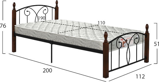 Suzie Metal Half-Double Bed Walnut With Slats And Mattress 110x190cm