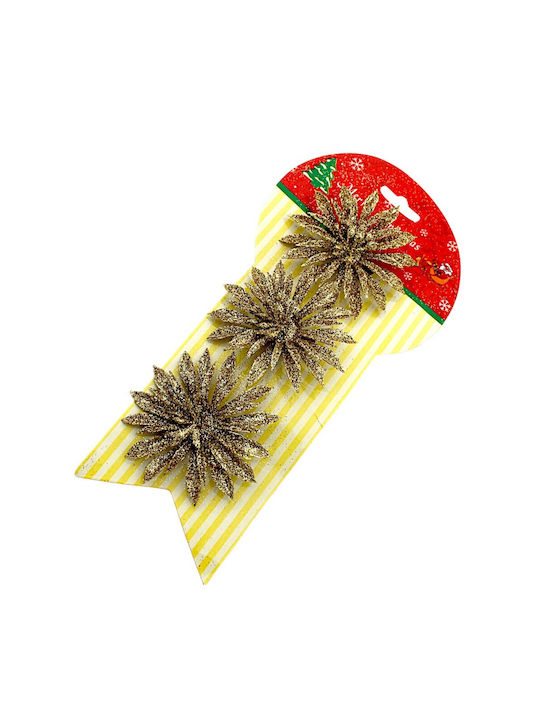 Flori Aurii de Crăciun cu Sclipici 8cm 3 Bucăți Clește Metalic 1epx3082