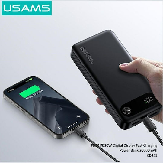 Usams PB80 Power Bank 20000mAh 20W with 2 USB-A Output Ports and USB-C Power Delivery Black